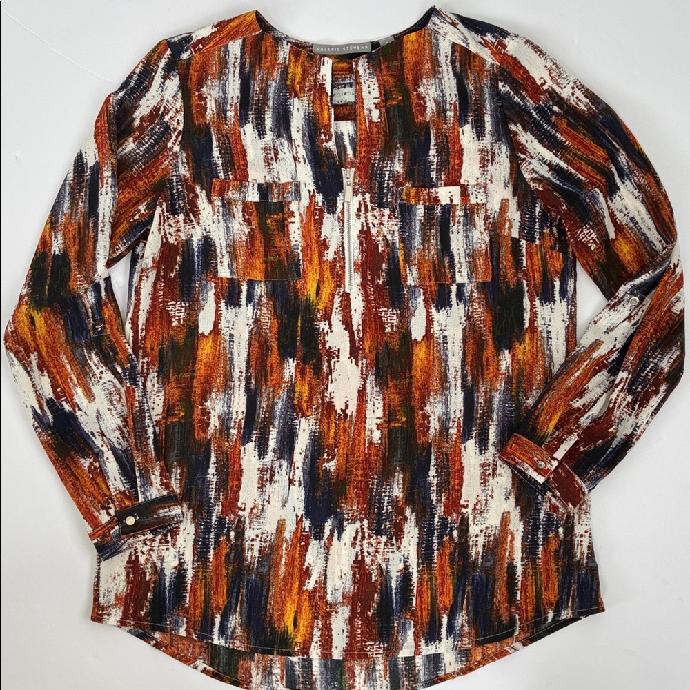 Valerie Stevens Multicolor Abstract Blouse Roll Tabs Medium